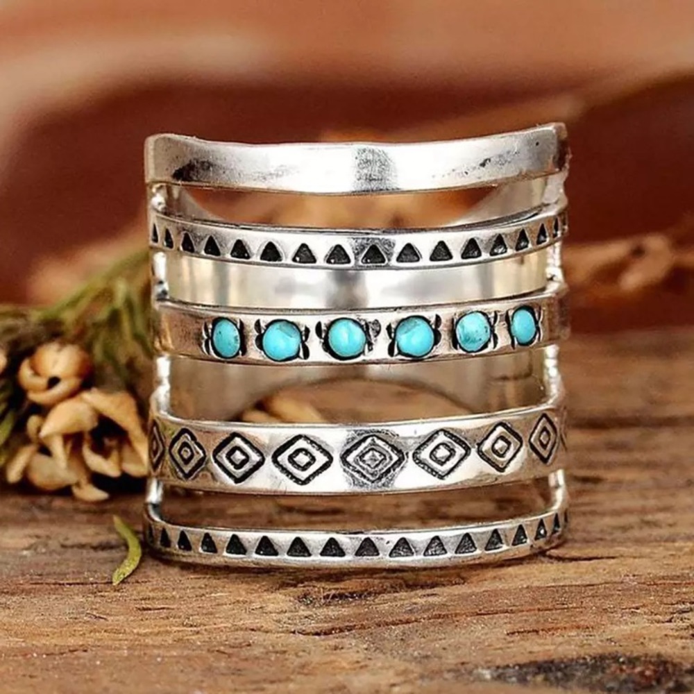 🌈LAST ONE🌈 Sz 7 Boho Silver Geometric Pattern Antique Thumb Finger Ring - Picture 2 of 11